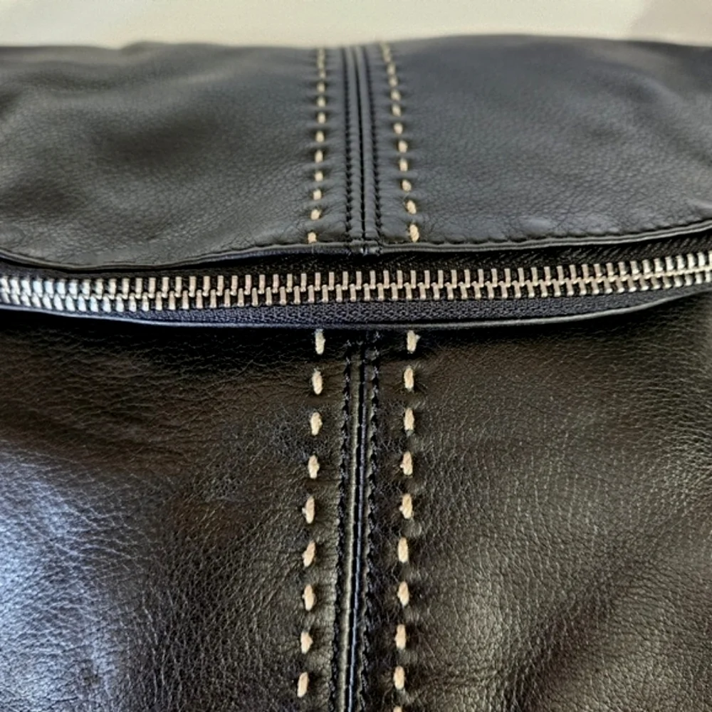 B. Makowsky Black Leather Contrast Stitching Top Flap Hobo Shoulder Bag